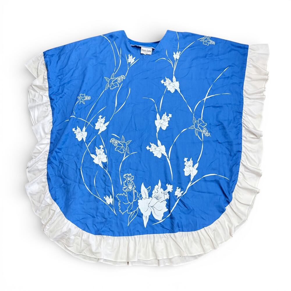 Hans Jutte Hawaii Vintage Blue White Floral Ruffle Muumuu Poncho Top Made in USA